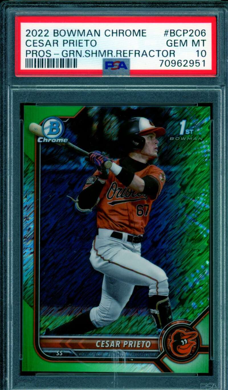 Cesar Prieto Rookie 2022 Bowman Chrome Green Shimmer Refractor #BCP206 PSA 10 Image 1