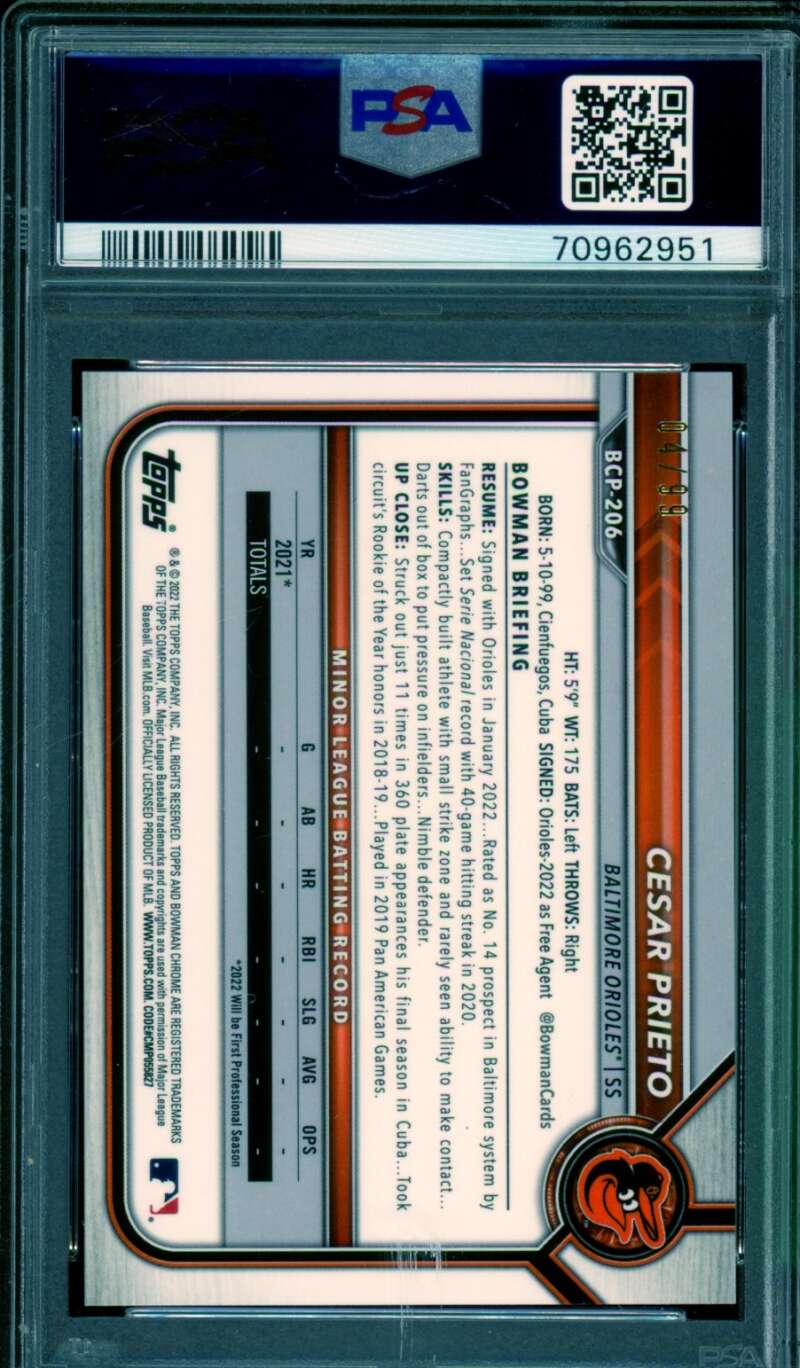 Cesar Prieto Rookie 2022 Bowman Chrome Green Shimmer Refractor #BCP206 PSA 10 Image 2