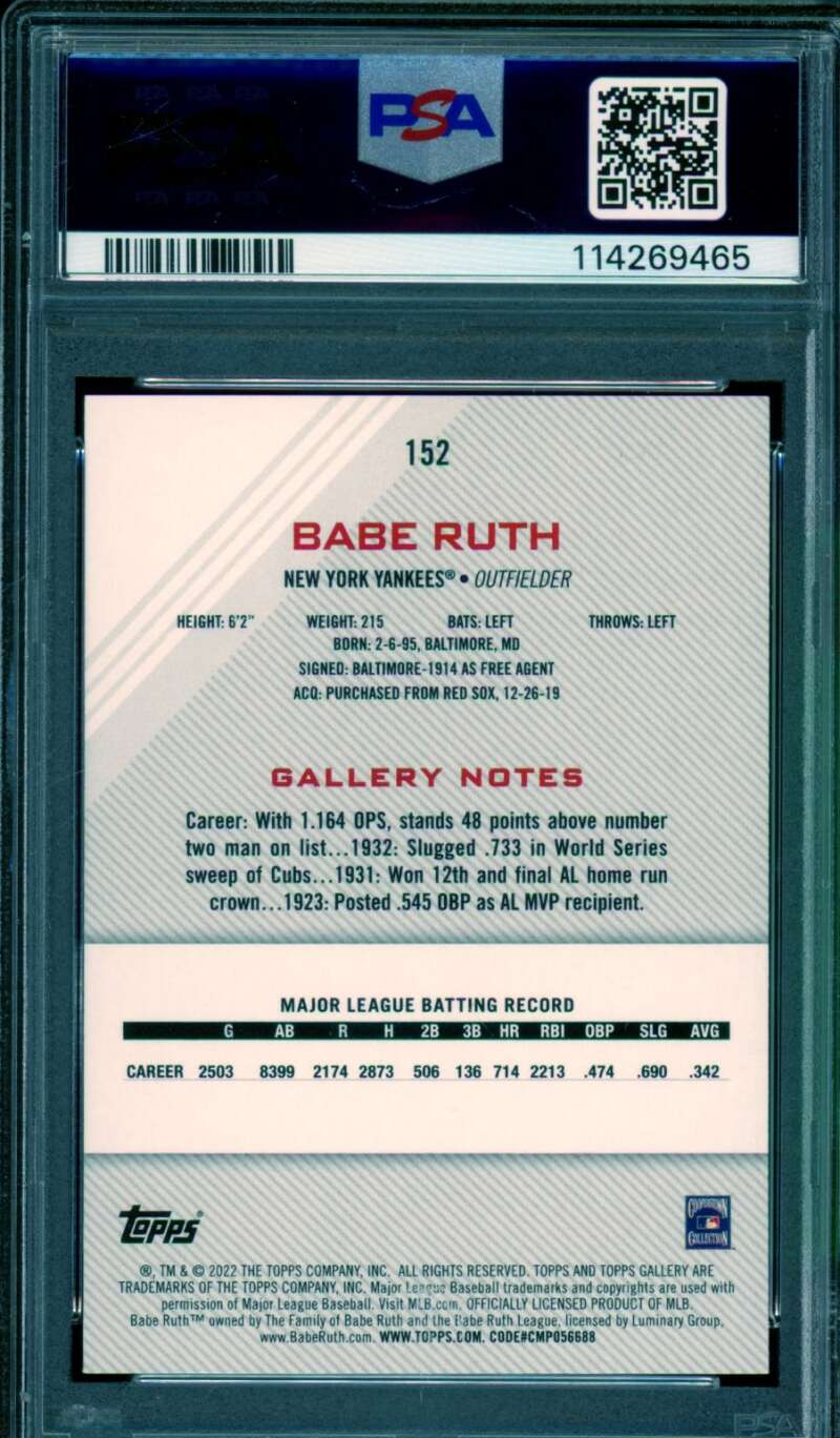 Babe Ruth Card 2022 Topps Gallery (pop 9) #152 PSA 10 Image 2