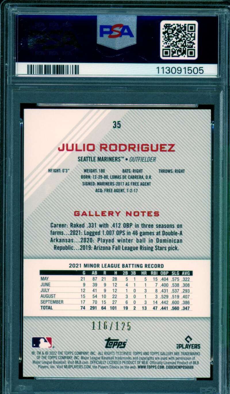 Julio Rodriguez Rookie 2022 Topps Gallery Green (116/125) (pop 10) #35 PSA 10 Image 2