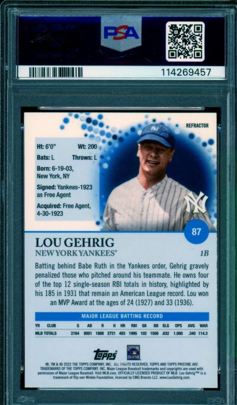 Lou Gehrig Card 2022 Topps Pristine Refractor (pop 1) #87 PSA 9 Image 2