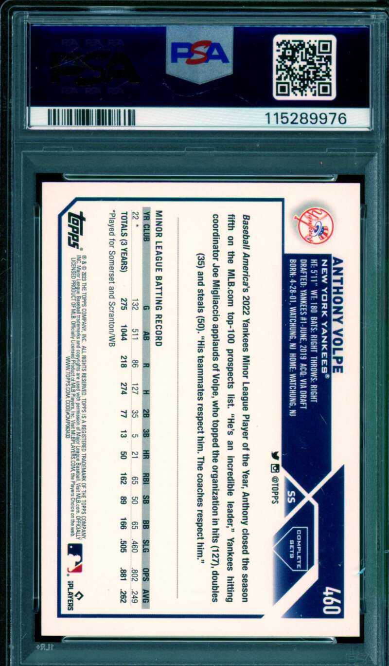 Anthony Volpe Card 2023 Topps Complete Set #460 PSA 10 Image 2