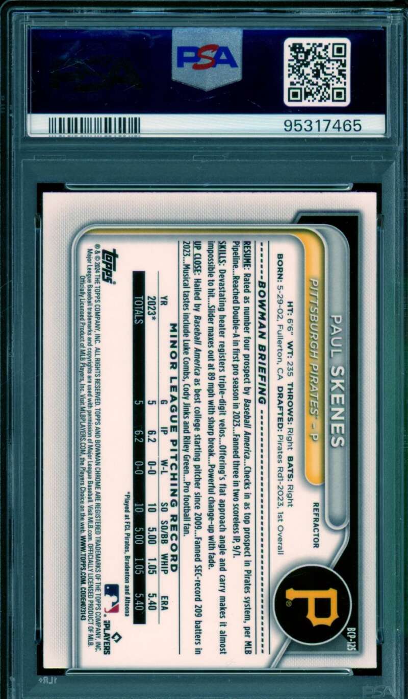 Paul Skenes Rookie Card 2024 Bowman Chrome Prospects Refractor #BCP125 PSA 9 Image 2