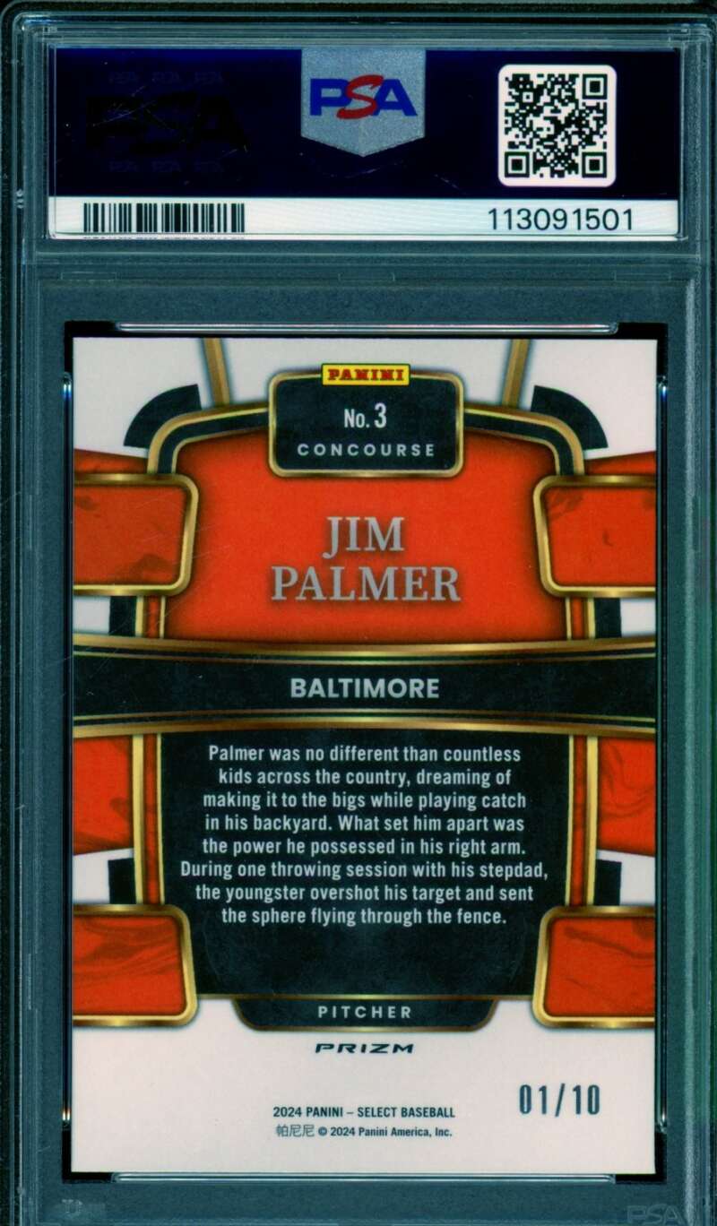 Jim Palmer Card 2024 Select Concourse Gold Prizm (1/10) (pop 1)#3 PSA 10 Image 2