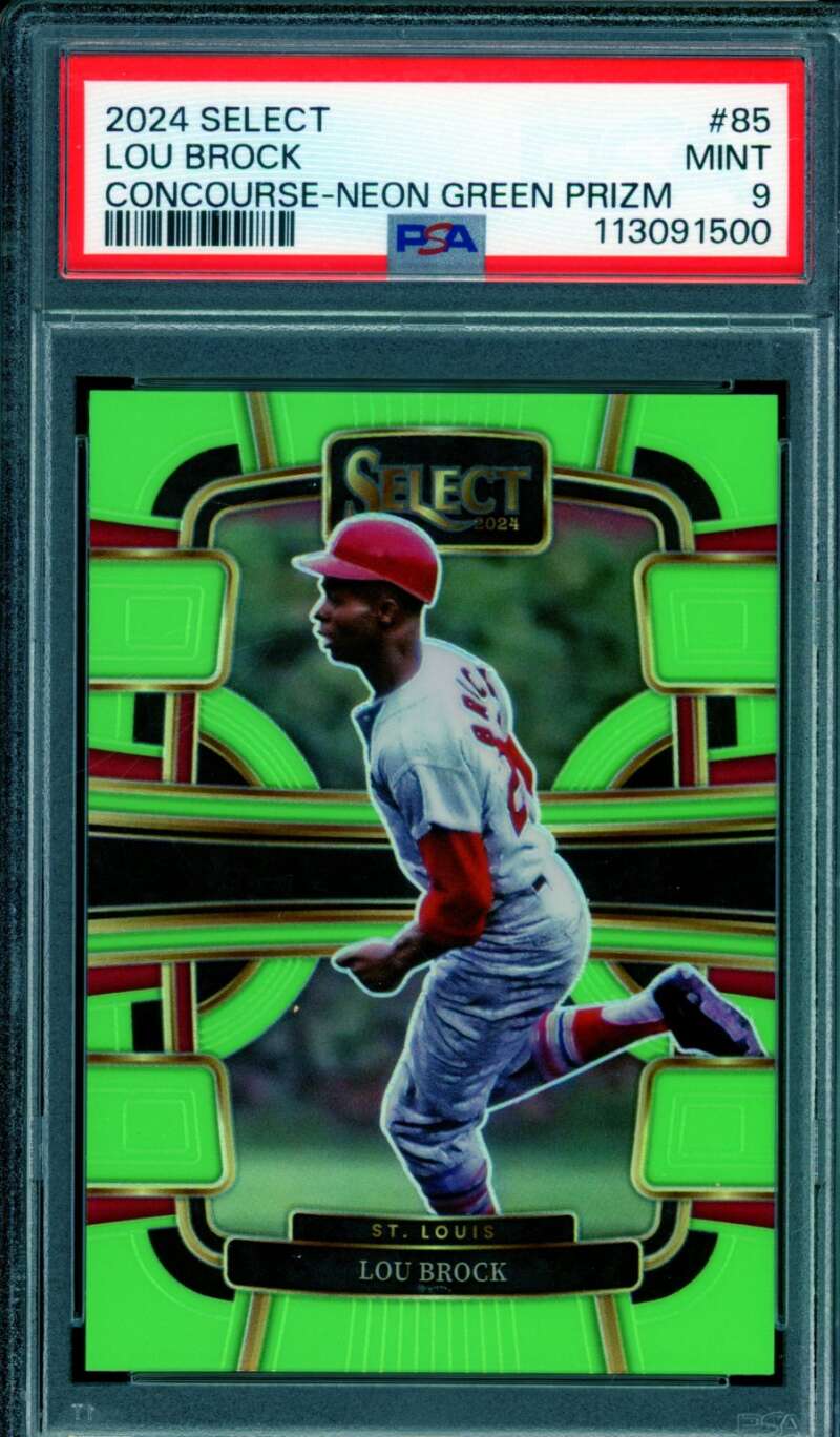 Lou Brock Card 2024 Select Concourse Neon Green Prizm (8/49) (pop 1) #85 PSA 9 Image 1