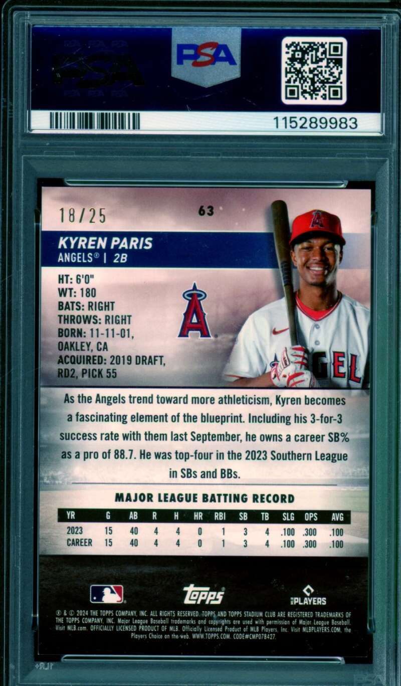 Kyren Paris Rookie 2024 Stadium Club Rainbow Foilboard (18/25) (pop 1) #63 PSA 9 Image 2