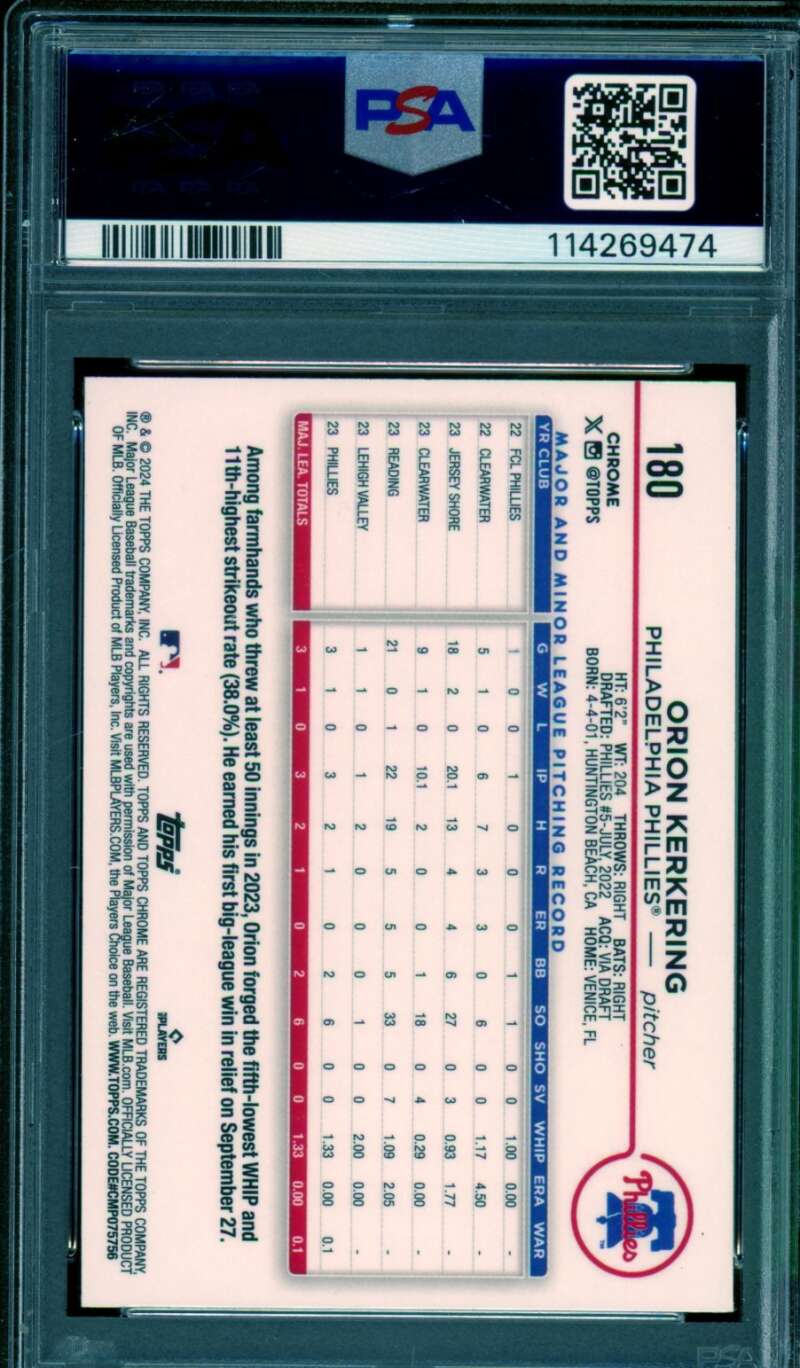 Orion Kerkering Rookie Card 2024 Topps Chrome Lighboard Logo (pop 1) #180 PSA 9 Image 2