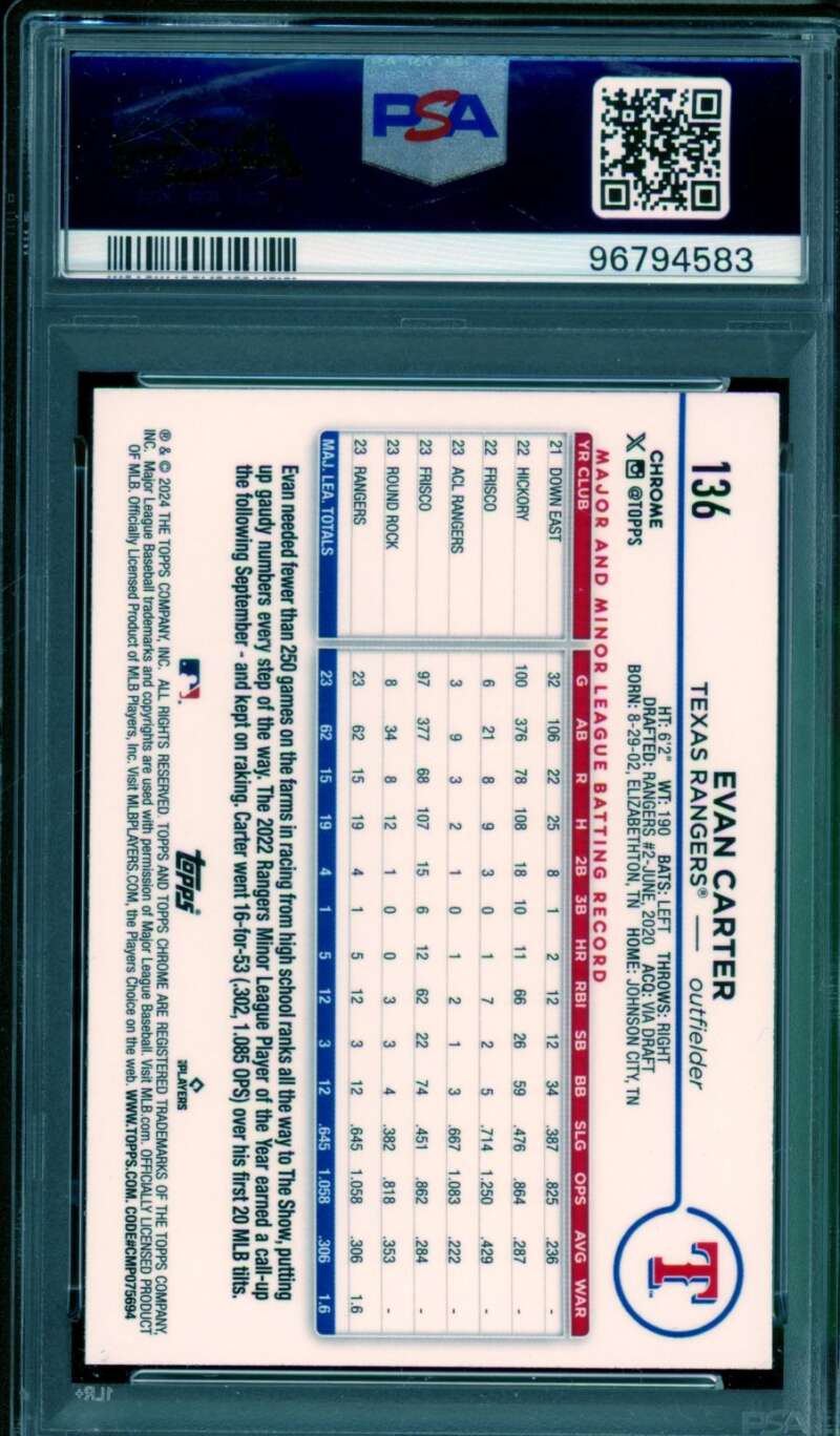 Evan Carter Rookie Card 2024 Topps Chrome Raywave Refractor #136 PSA 9 Image 2