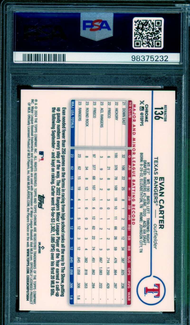 Evan Carter Rookie Card 2024 Topps Chrome Refractor #136 PSA 9 Image 2