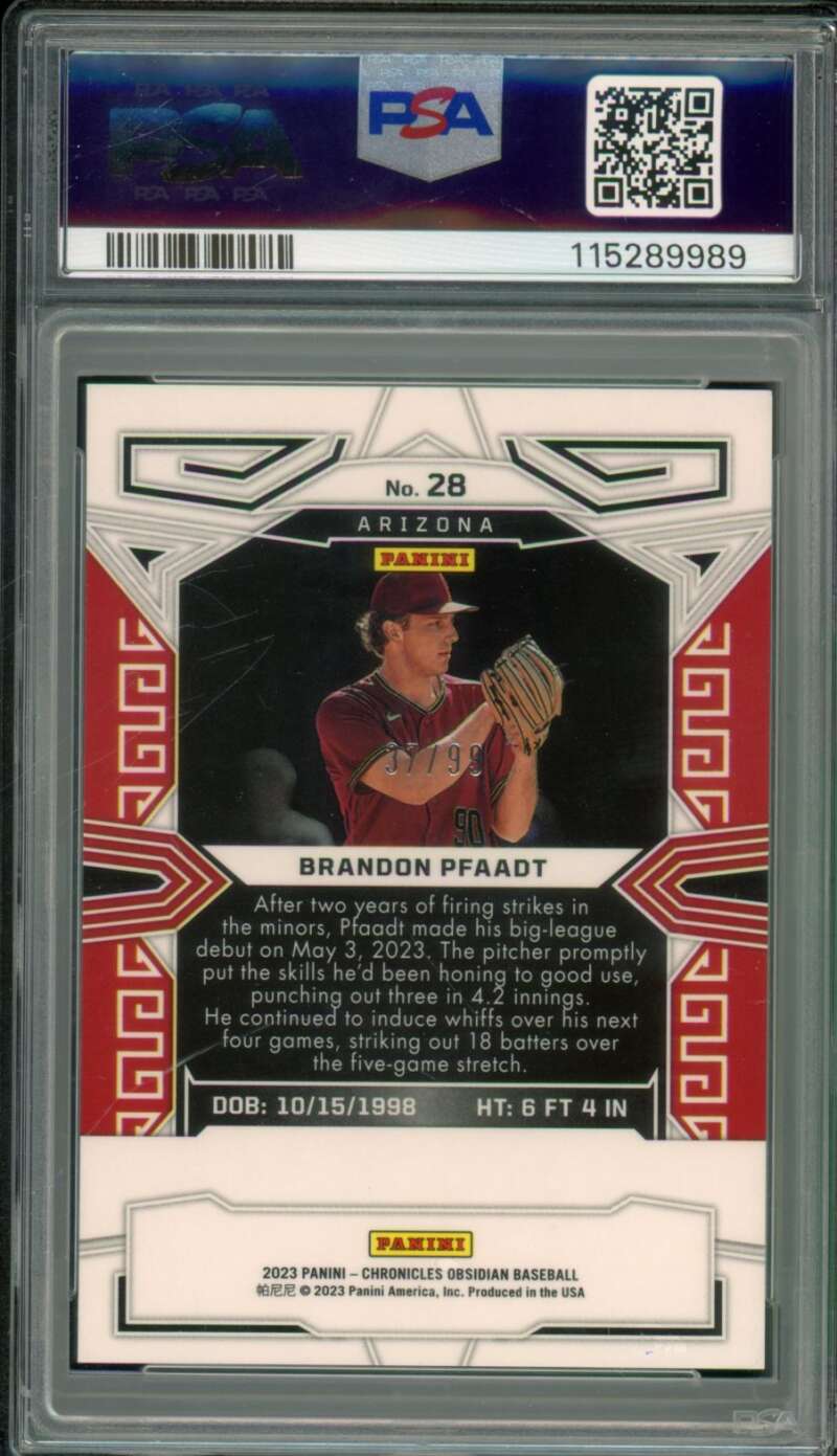 Brandon Pfaadt Rookie Card 2023 Chronicles Obsidian-E/E Carolina Blue #28 PSA 10 Image 2