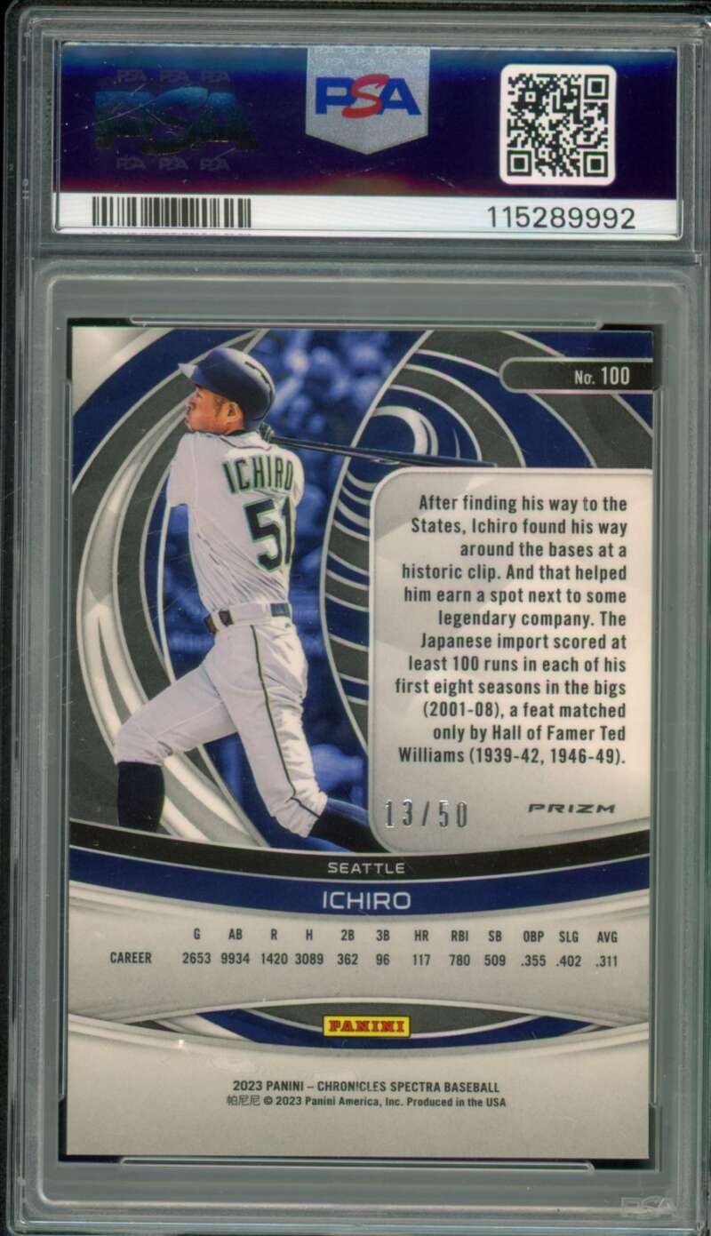 Ichiro Suzuki Card 2023 Chronicles Spectra-Hyper (13/50) (pop 1) #100 PSA 10 Image 2