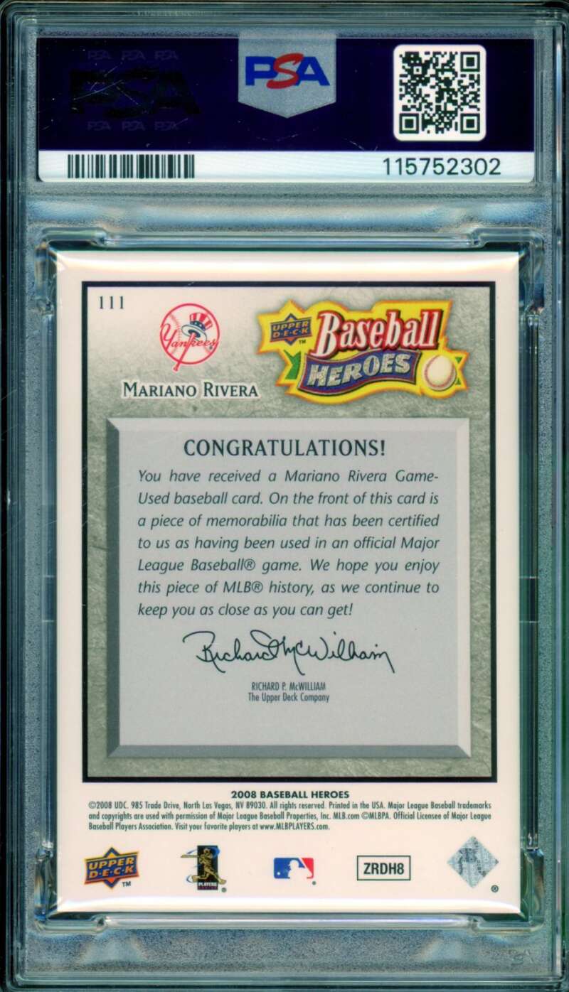 Mariano Rivera Card 2008 Upper Deck Baseball Heroes (52/125) (pop 1) #111 PSA 10 Image 2