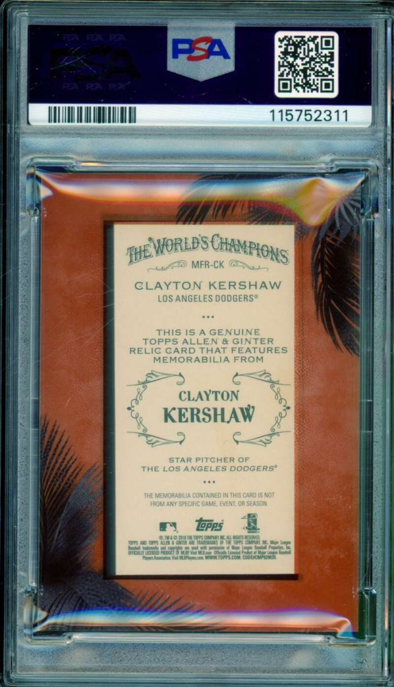 Clayton Kershaw 2018 Topps Allen Ginter Framed Mini Relics (pop 1) #CK PSA 9 Image 2