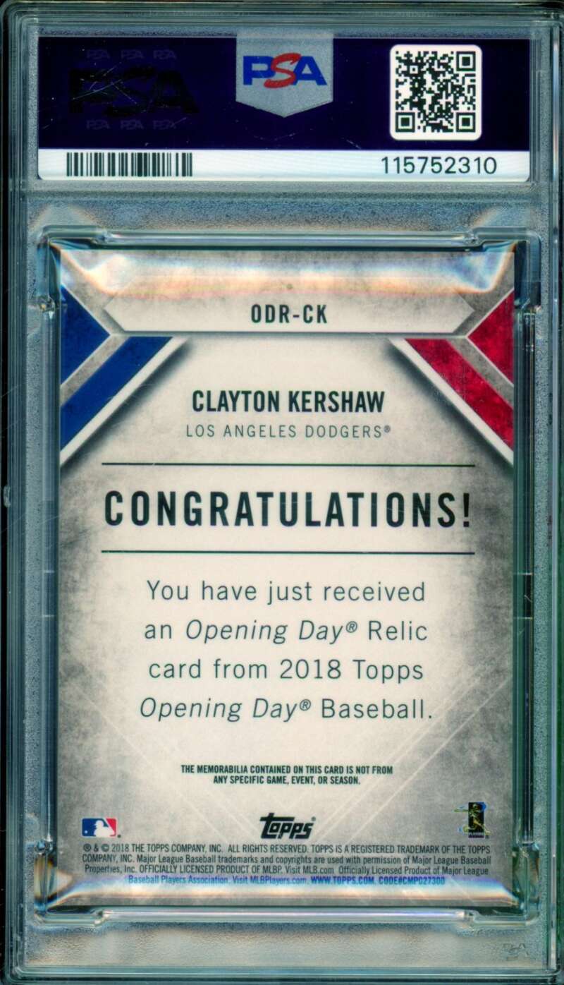 Clayton Kershaw Card 2018 Topps Opening Day Relics (pop 1) #ODRCK PSA 10 Image 2