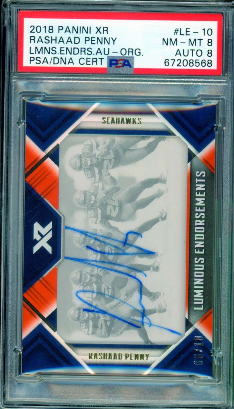 Rashaad Penny Rookie Card 2018 Panini XR Autograph (6/10) #LE-10 PSA 8 Image 1