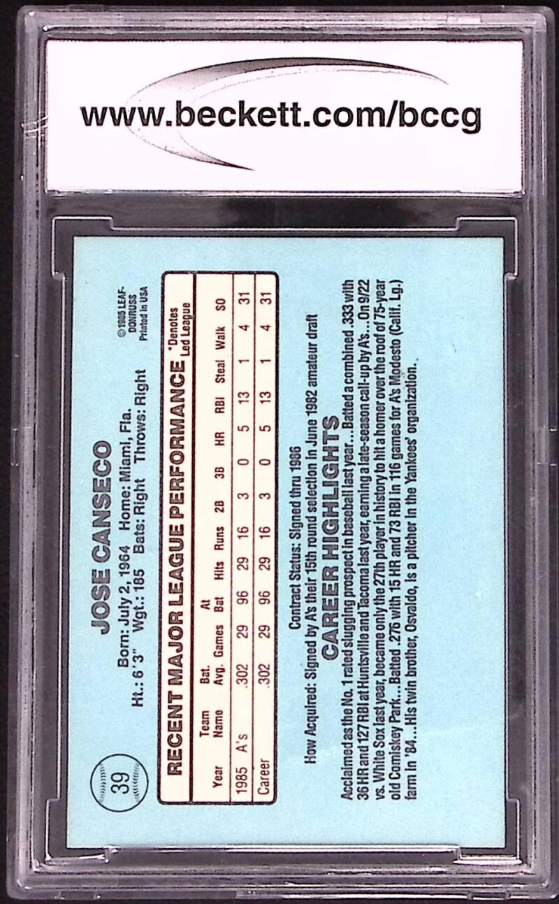 1986 Donruss #39 Jose Canseco Rookie Card BGS BCCG 10 Mint+ Image 2