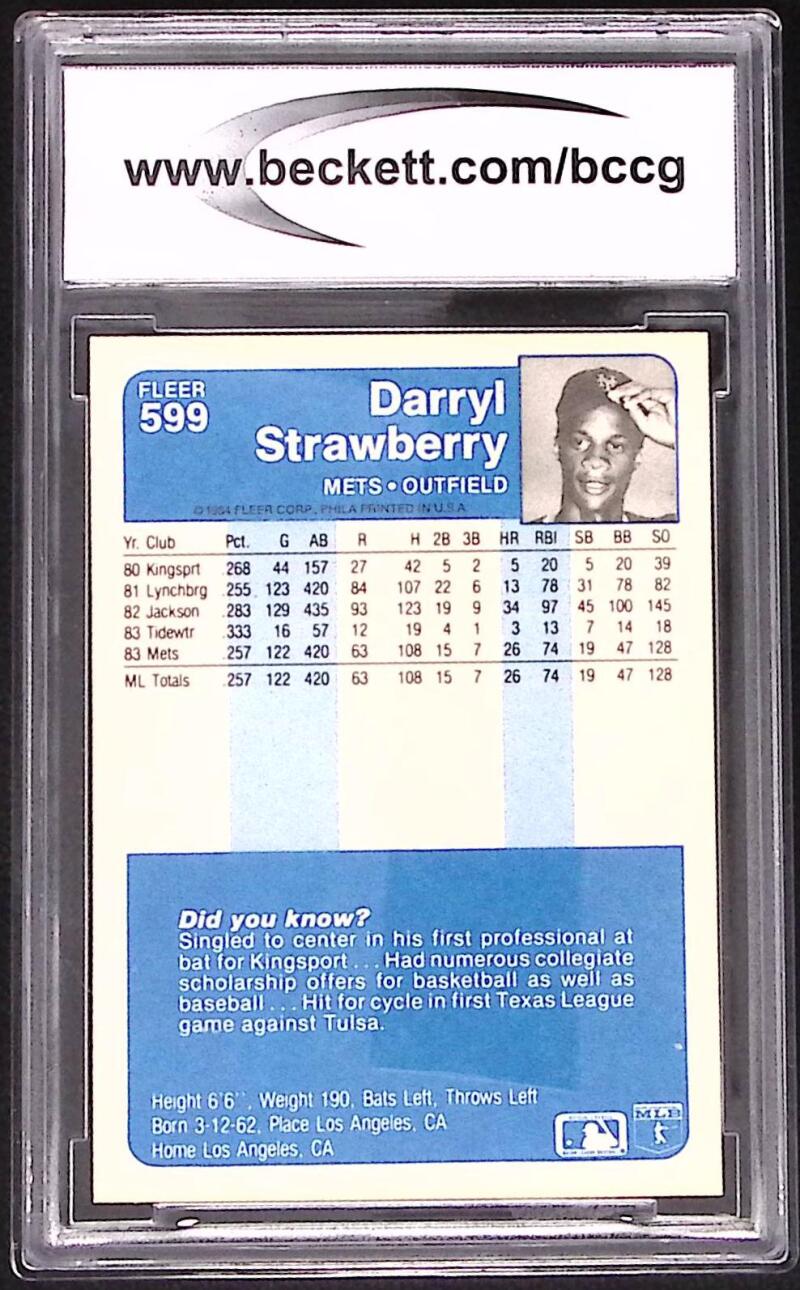1984 Fleer #599 Darryl Strawberry Card BGS BCCG 9 Near Mint+ Image 2