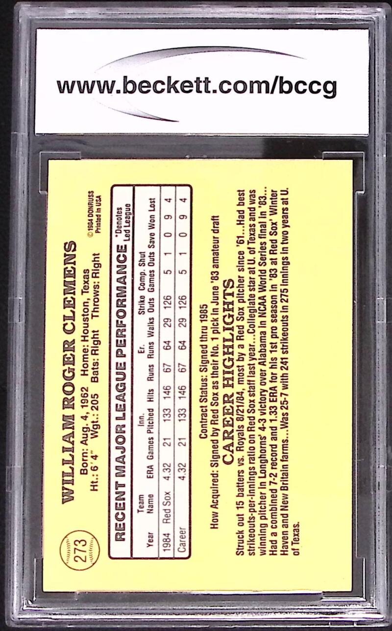 1985 Donruss #273 Roger Clemens Rookie Card BGS BCCG 9 Near Mint+ Image 2