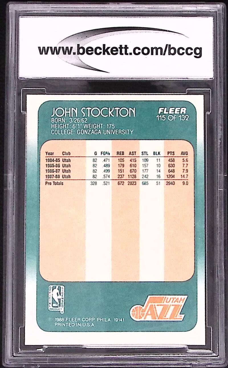 1988-89 Fleer #115 John Stockton Rookie Card BGS BCCG 9 Near Mint+ Image 2