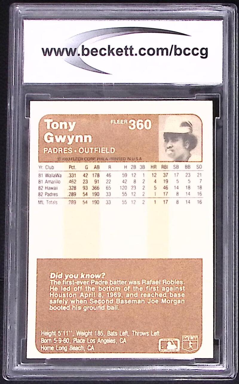 1983 Fleer #360 Tony Gwynn Rookie Card BGS BCCG 9 Near Mint+ Image 2