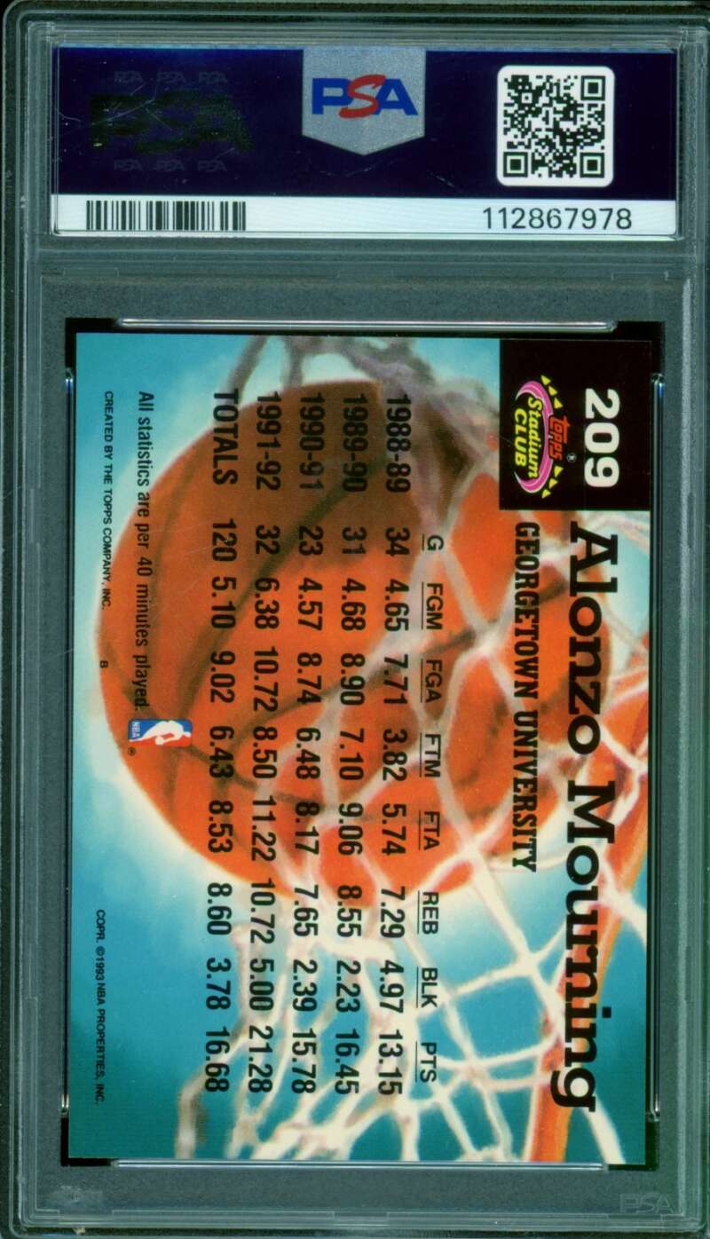 Alonzo Mourning Rookie Card 1992-93 Stadium Club Members Only #209 PSA 9 Image 2