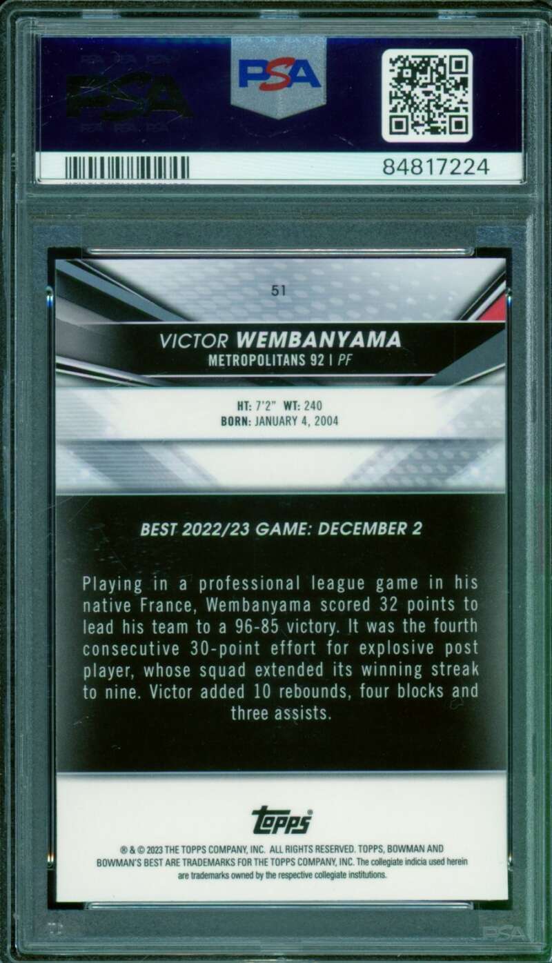 Victor Wembanyama Rookie Card 2022 Bowman Univ Best #51 PSA 8 Image 2