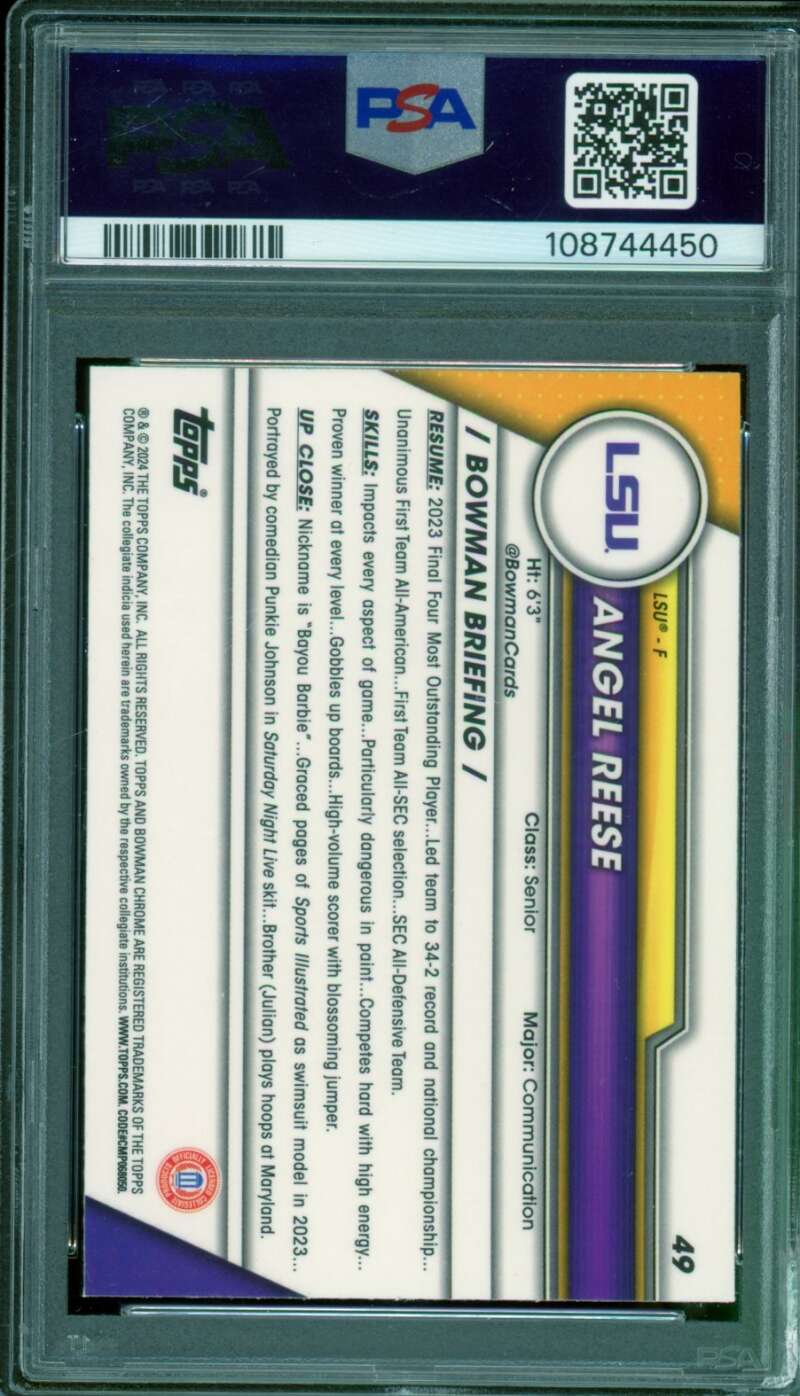 Angel Reese Card 2023 Bowman U Chrome Pink Refractor #49 PSA 9 Image 2