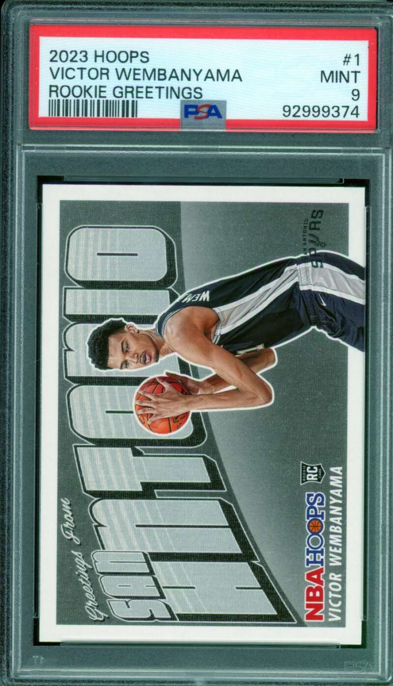Victor Wembanyama Rookie Card 2023-24 Hoops Rookie Greetings #1 PSA 9 Image 1