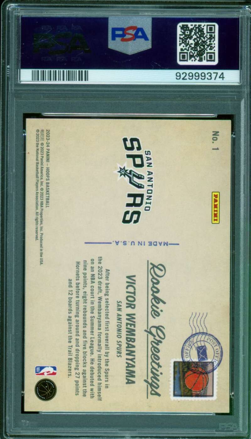 Victor Wembanyama Rookie Card 2023-24 Hoops Rookie Greetings #1 PSA 9 Image 2
