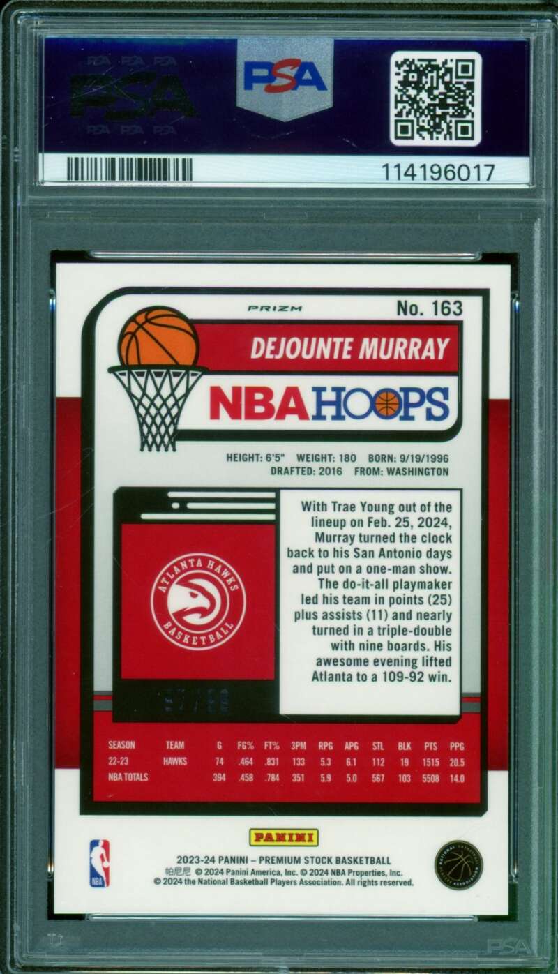 Dejounte Murray 2023-24 Hoops Premium Stock Red Ice Prizm (pop 1) #163 PSA 10 Image 2