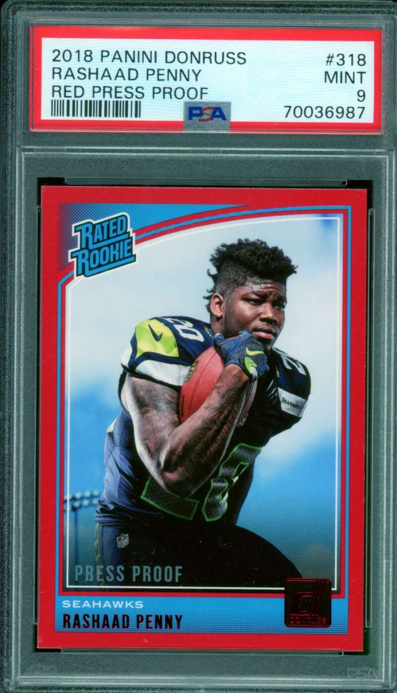 Rashaad Penny Rookie Card 2018 Panini Donruss Red Press Proof (pop 2) #318 PSA 9 Image 1
