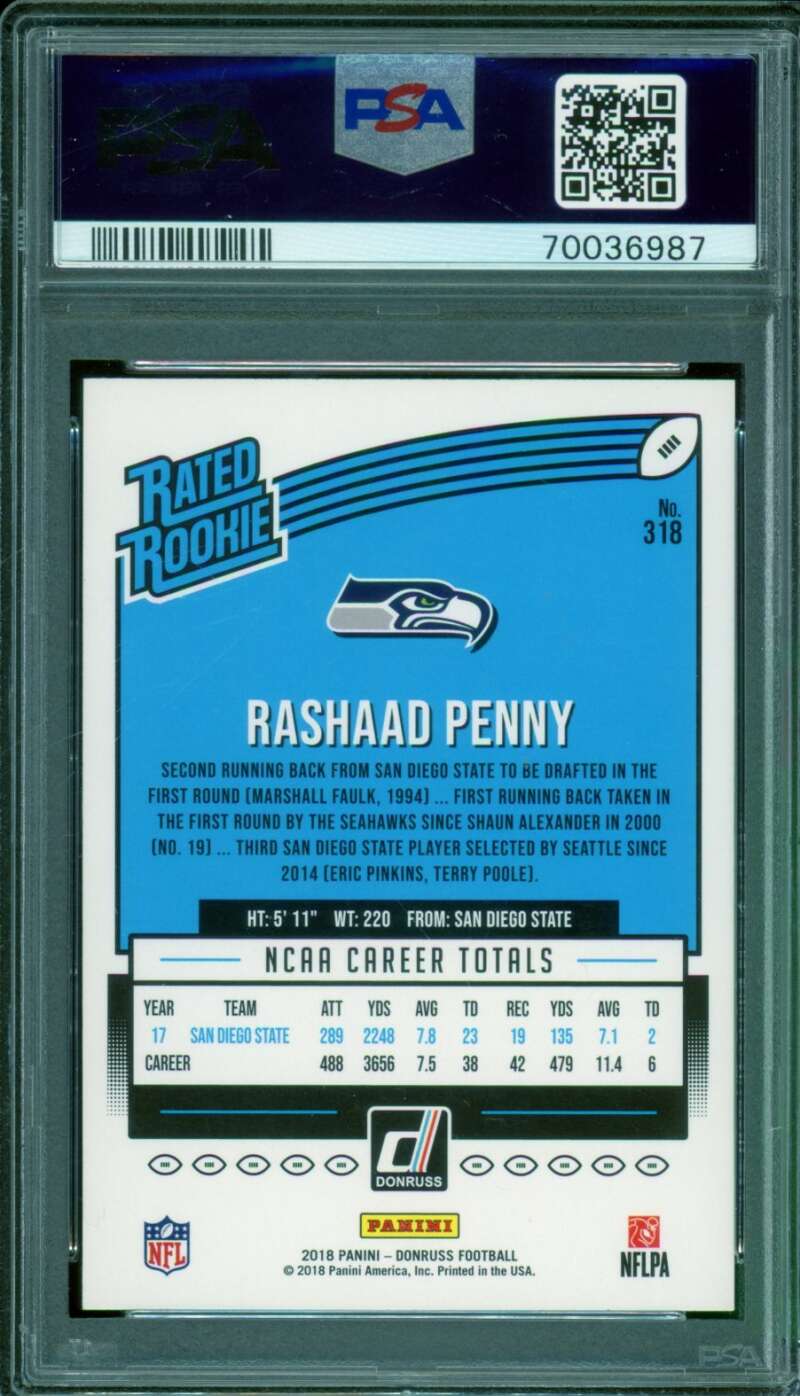 Rashaad Penny Rookie Card 2018 Panini Donruss Red Press Proof (pop 2) #318 PSA 9 Image 2
