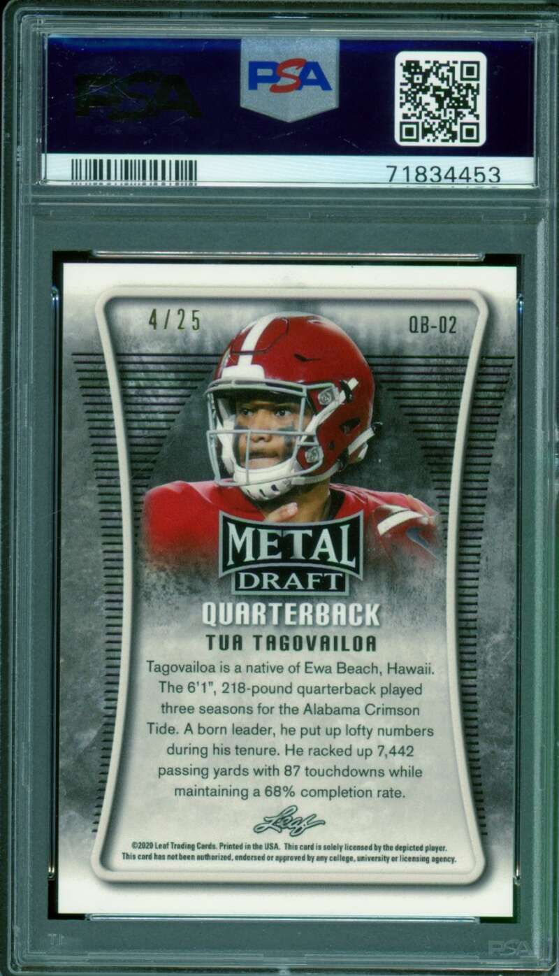 Tua Tagovailoa Rookie Card 2020 Leaf Metal Draft Blue Rainbow (4/25) #QB02 PSA 9 Image 2