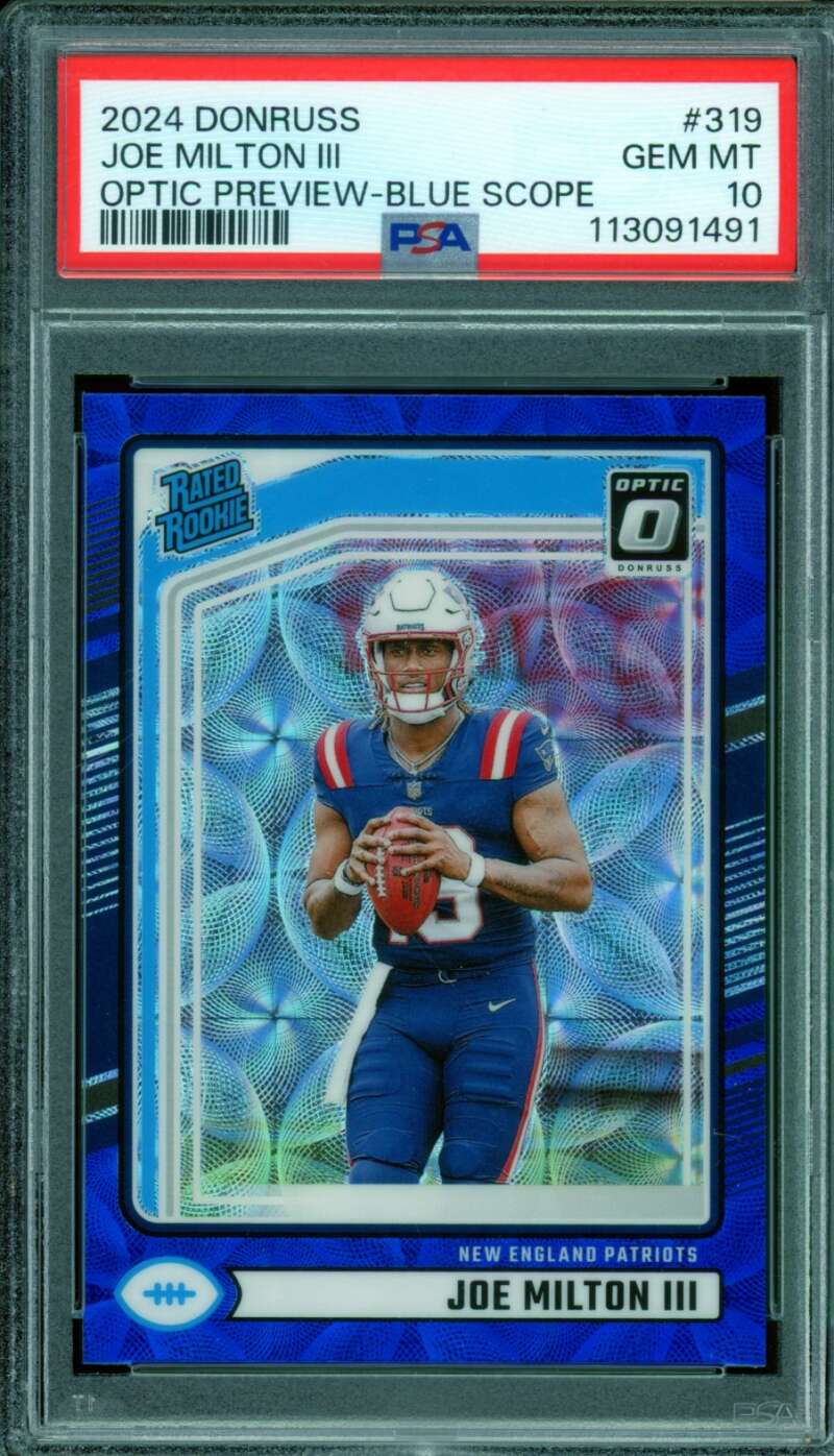 Joe Milton III Rookie Card 2024 Donruss Optic Preview-Blue Scope #319 PSA 10 Image 1