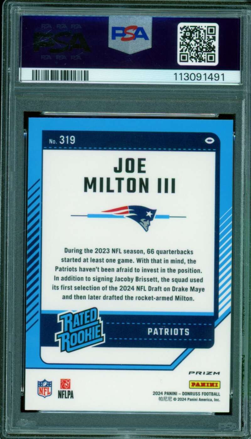 Joe Milton III Rookie Card 2024 Donruss Optic Preview-Blue Scope #319 PSA 10 Image 2