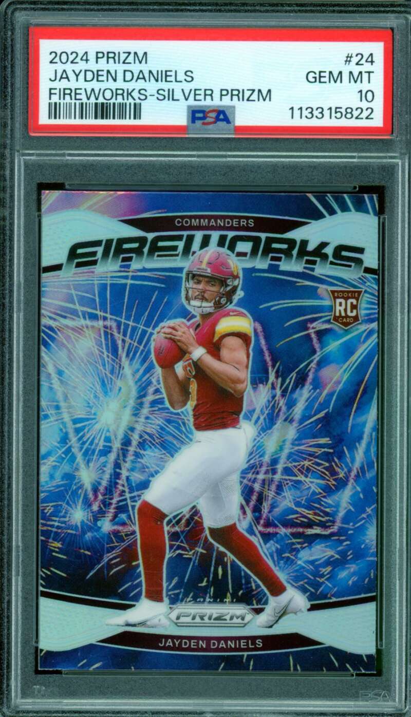 Jayden Daniels Rookie Card 2024 Prizm Fireworks Silver Prizms #24 PSA 10 Image 1