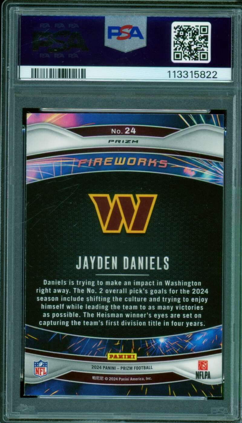 Jayden Daniels Rookie Card 2024 Prizm Fireworks Silver Prizms #24 PSA 10 Image 2