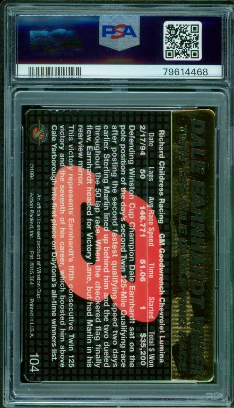 Dale Earnhardt Card 1994 Action Packed Daytona Avenue #104 PSA 9 Image 2