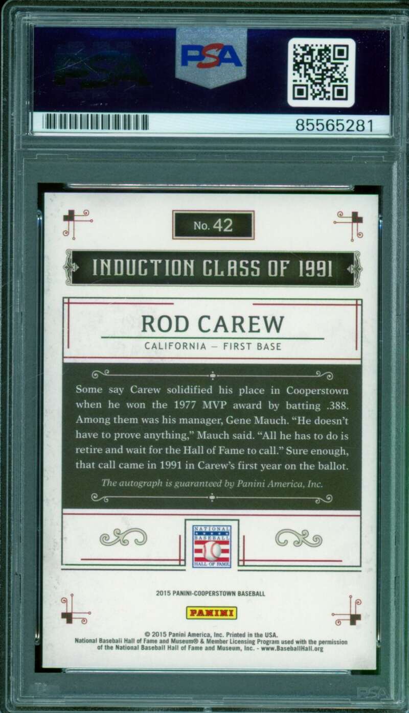 Rod Carew Card 2015 Panini Cooperstown Induction Signatures Red #42 PSA/DNA 10 Image 2