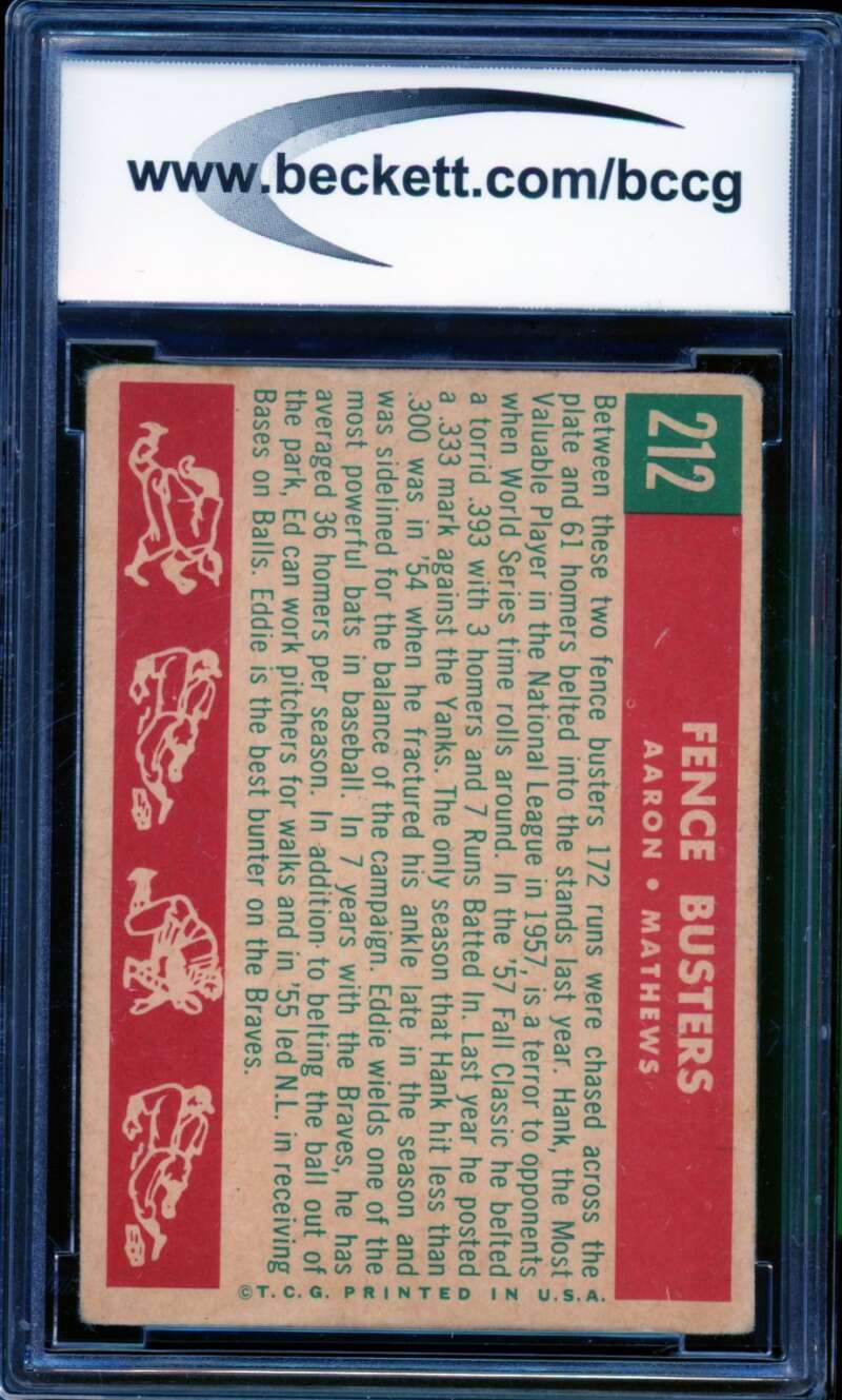 1959 Topps #212 Hank Aaron/Eddie Mathews Card BGS BCCG 7 Very Good+ Image 2