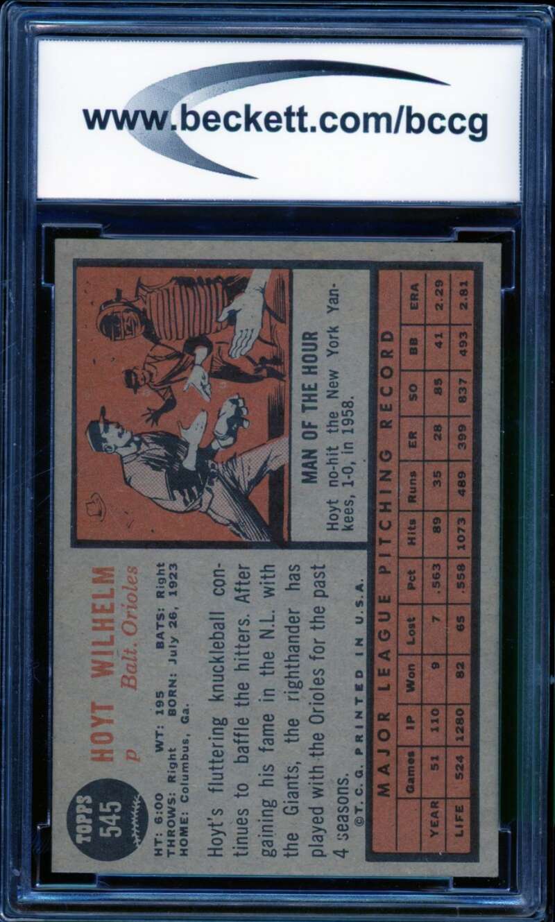 1962 Topps #545 Hoyt Wilhelm Card BGS BCCG 8 Excellent+ Image 2