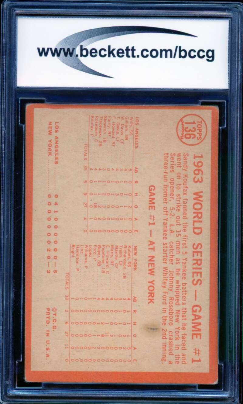 1964 Topps #136 Sandy Koufax World Series Game 1 Card BGS BCCG 7 Very Good+ Image 2