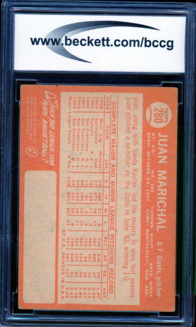 1964 Topps #280 Juan Marichal Card BGS BCCG 7 Very Good+ Image 2