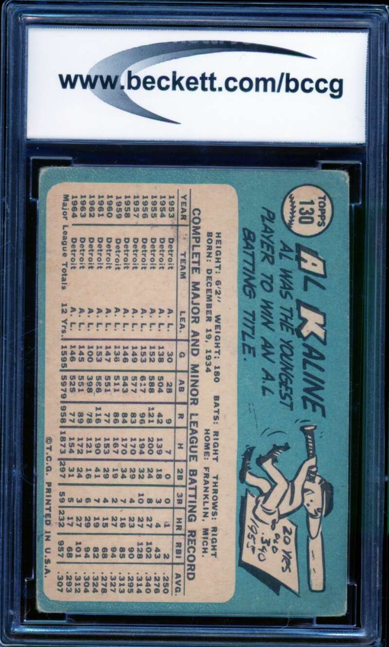 1965 Topps #130 Al Kaline Card BGS BCCG 7 Very Good+ Image 2