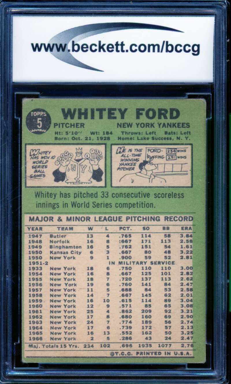 1967 Topps #5 Whitey Ford Card BGS BCCG 7 Very Good+ Image 2
