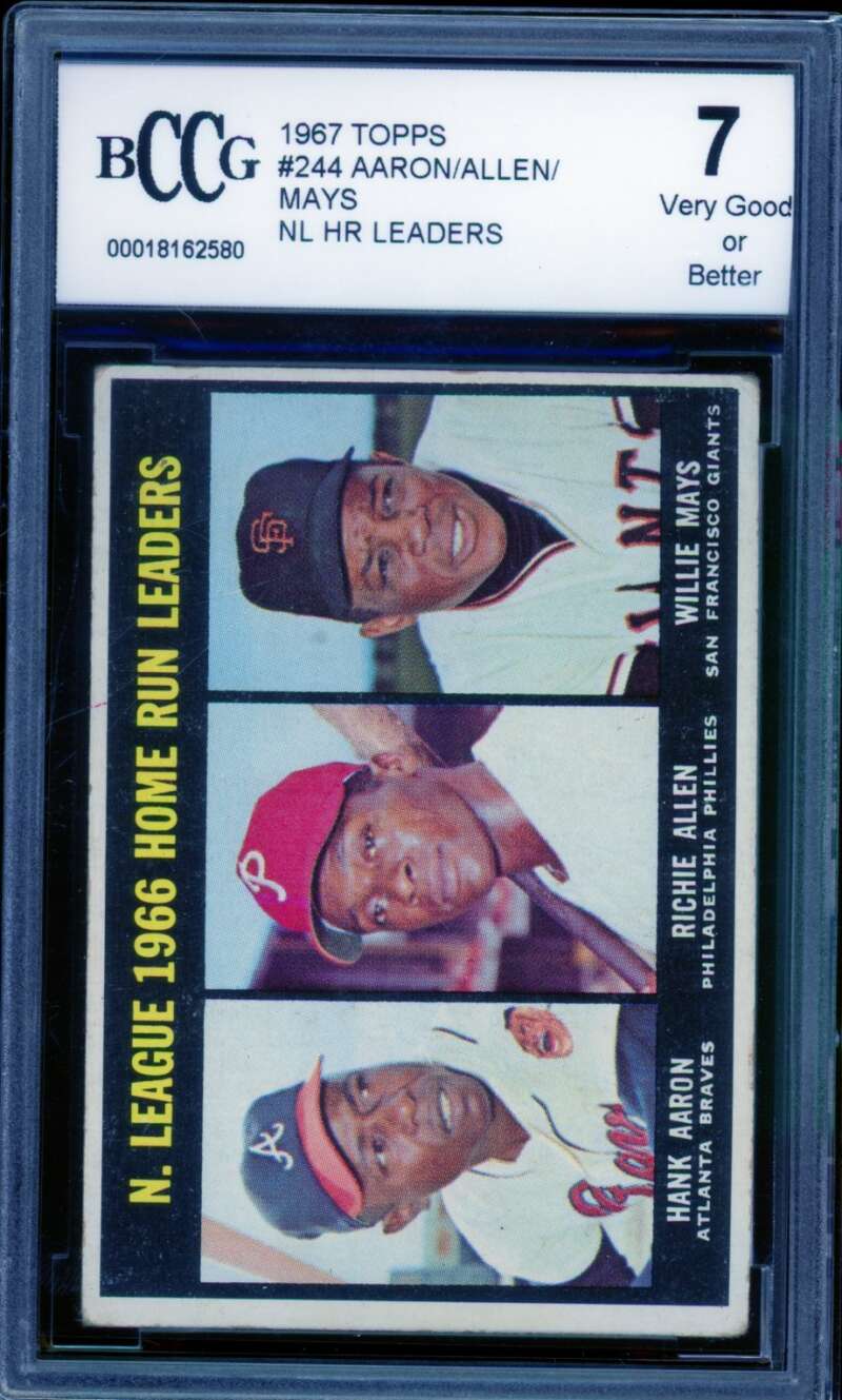 1967 Topps #244 Aaron/Allen/Willie Mays NL HR Leaders Card BGS BCCG 7 Very Good+ Image 1