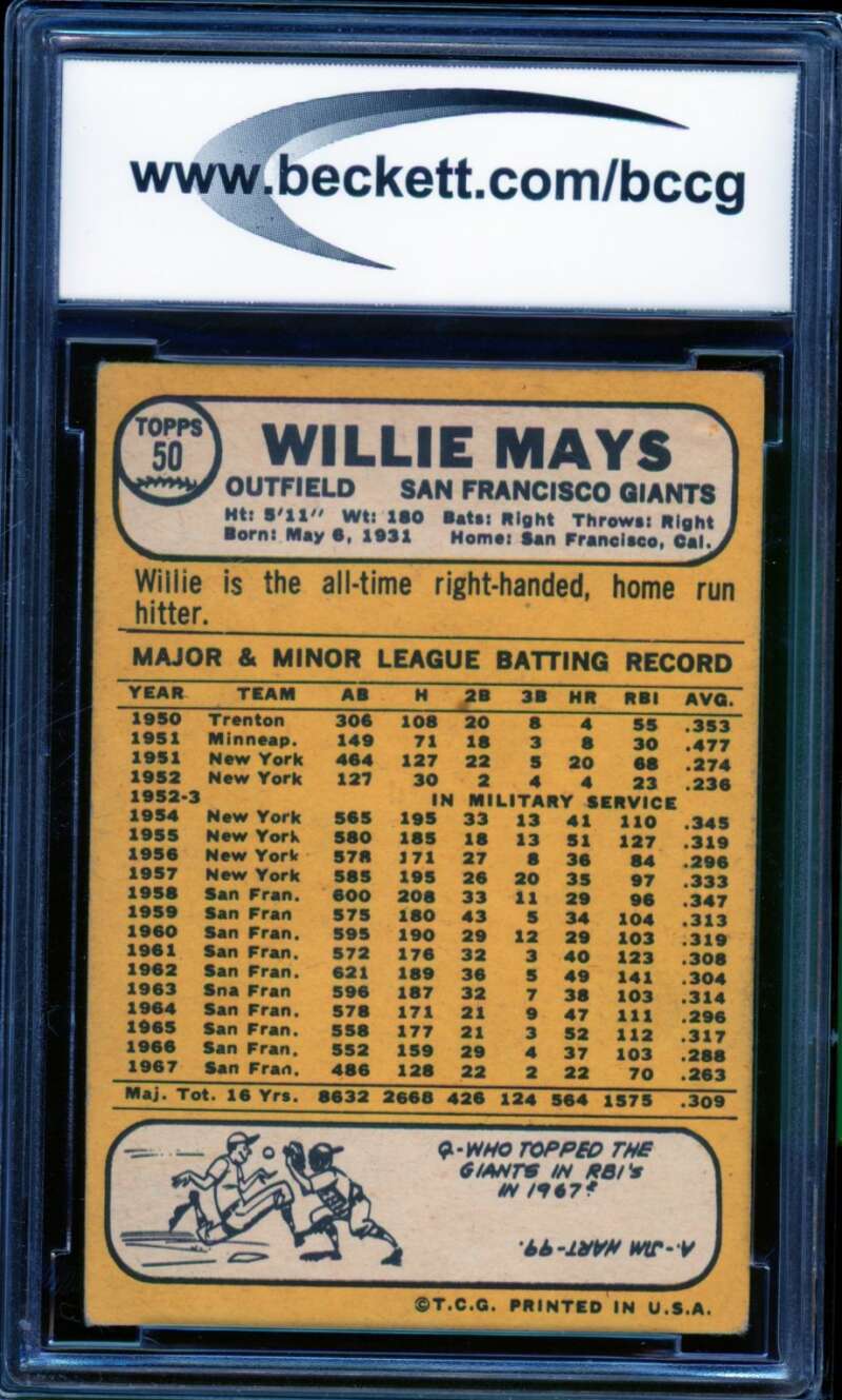 1968 Topps #50 Willie Mays Card BGS BCCG 7 Very Good+ Image 2