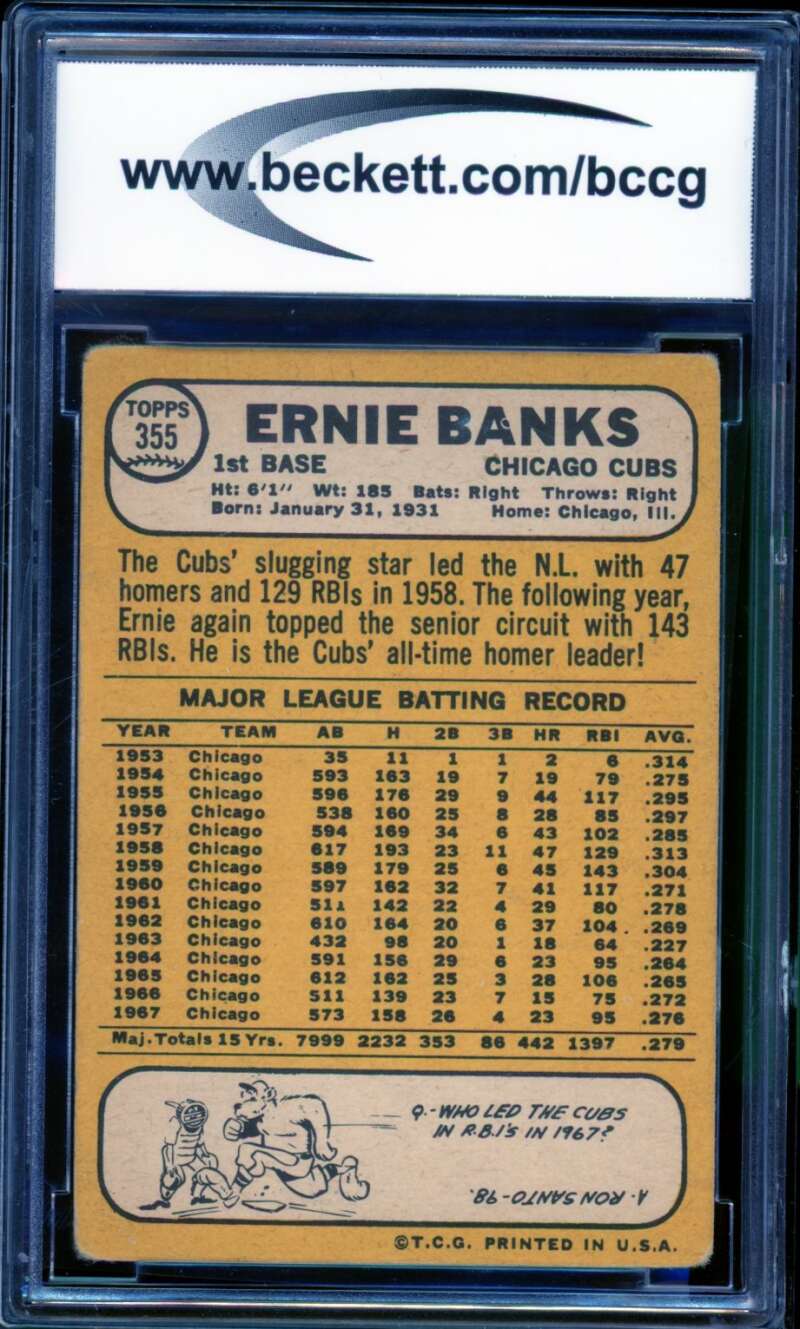 1968 Topps #355 Ernie Banks Card BGS BCCG 6 Good+ Image 2