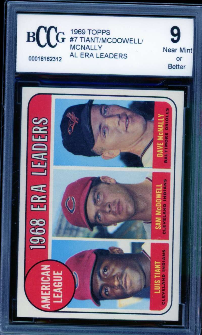 1969 Topps #7 Tiant/McDowell/McNally AL ERA Leaders Card BGS BCCG 9 Near Mint+ Image 1