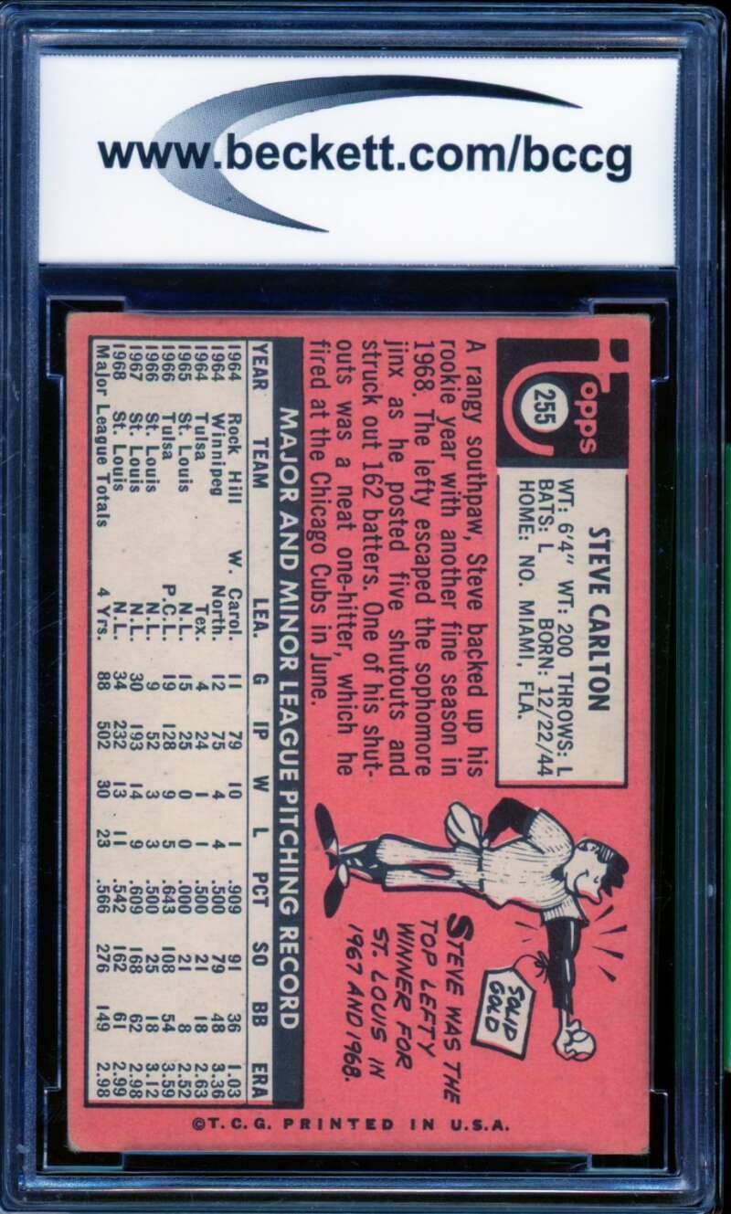 1969 Topps #255 Steve Carlton Card BGS BCCG 7 Very Good+ Image 2